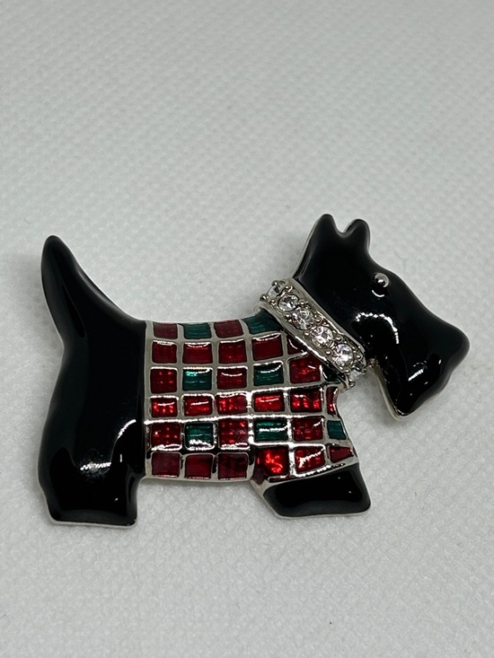 Jewelry - Vintage Black Scottie Dog Brooch with Red & Green Enamel and Rhinestone Collar